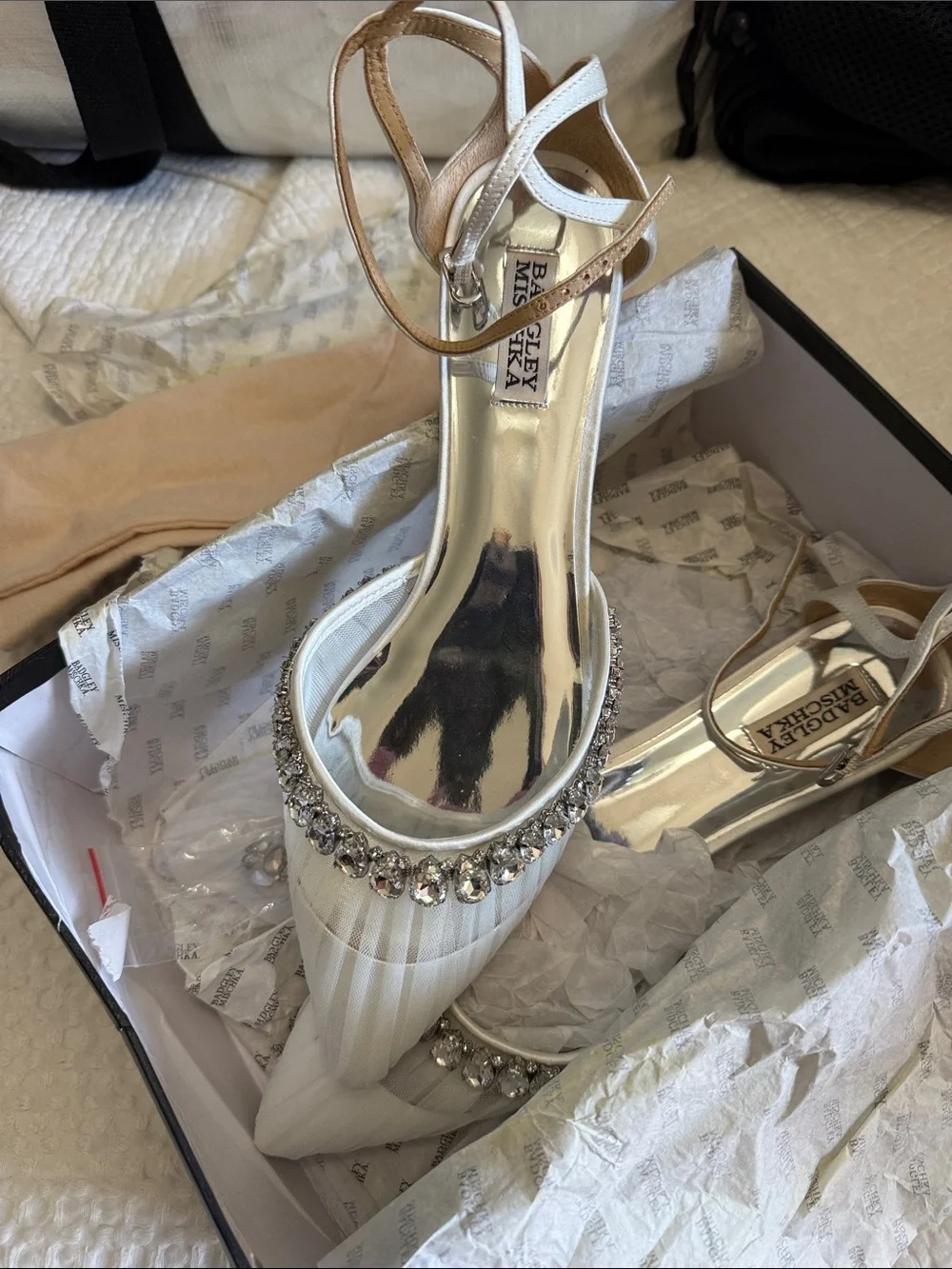Badgley Mischka White Crystal-Embellished Pointed-Toe Slingback Flats